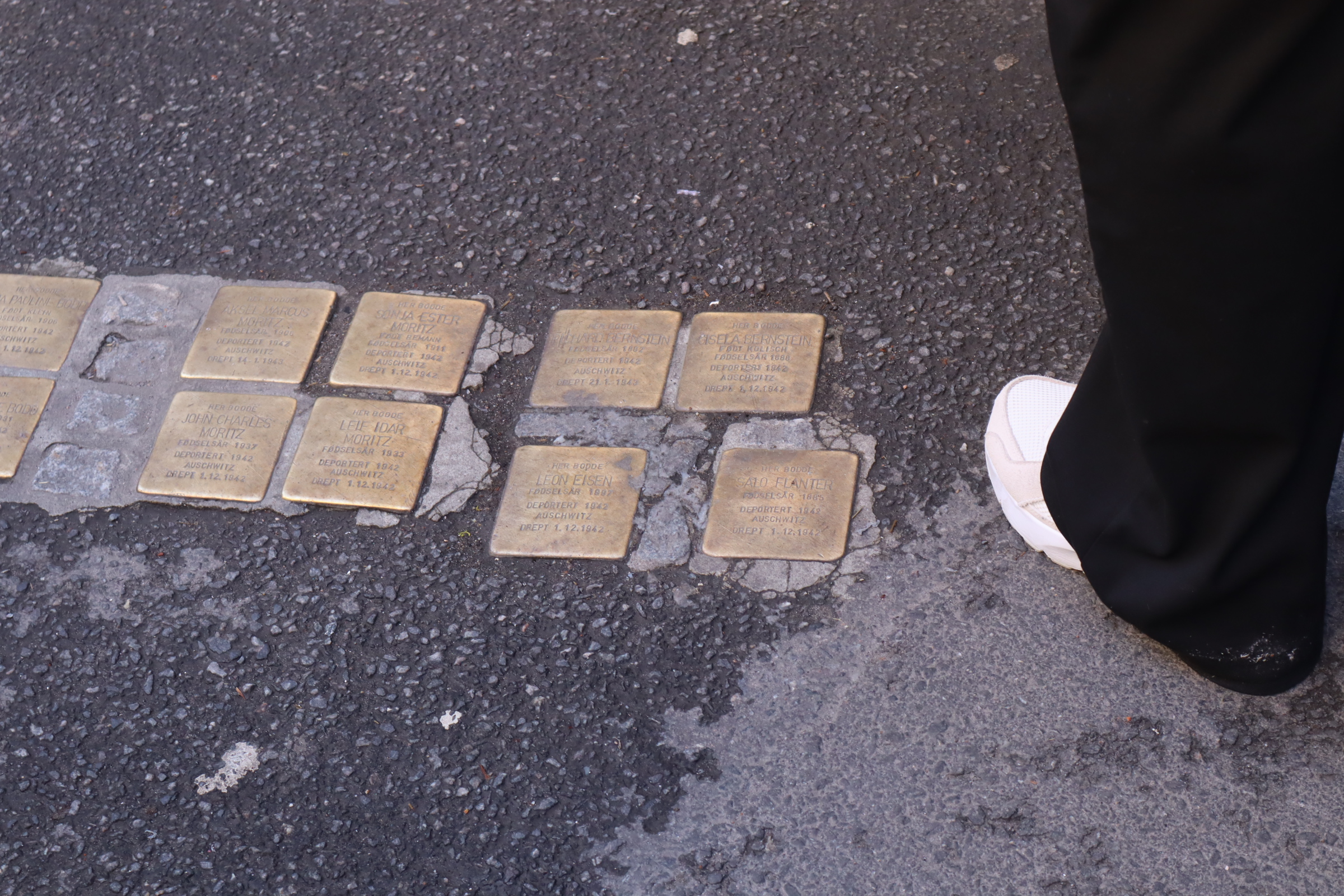 Närbild på stenar med minnesstenar i asfalten i Oslo.