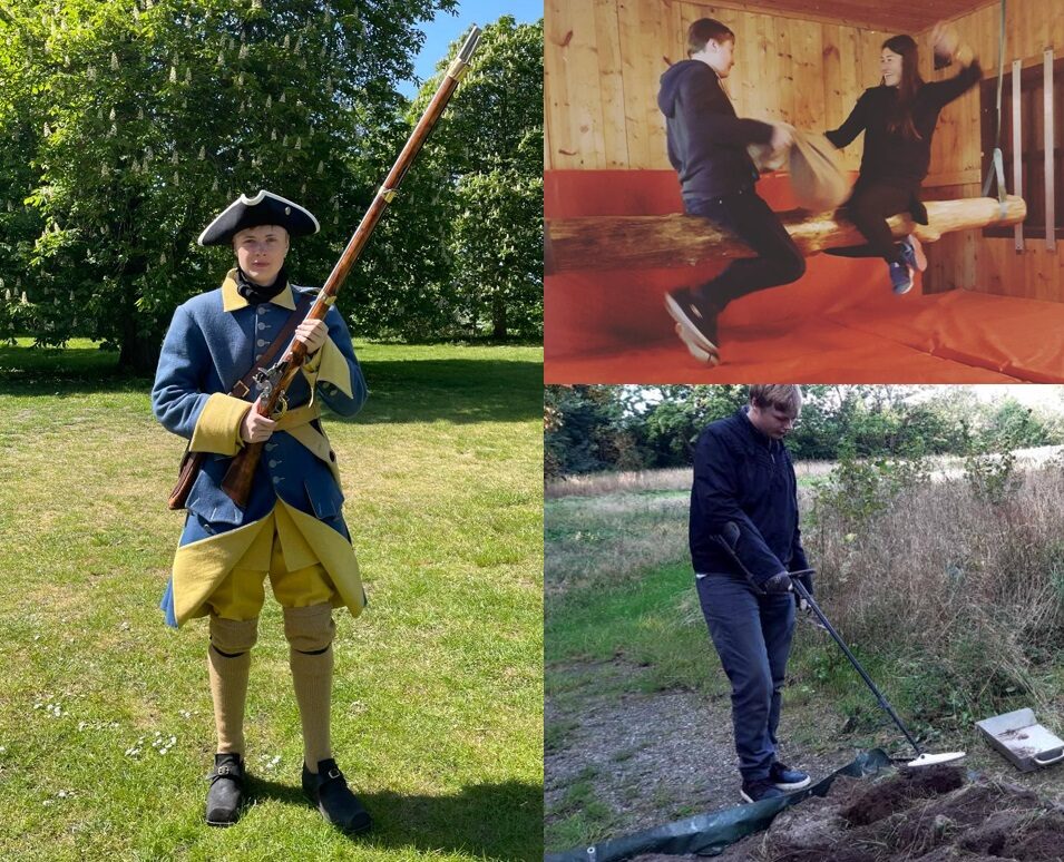 Collage med bilder där Rasmus bland annat är utklädd till karolin och deltar i en arkeologisk utgrävning.