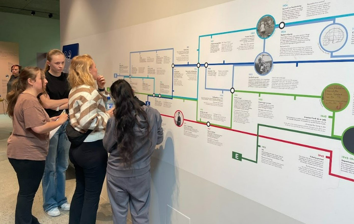 Elever betraktar texter om islamofobins historia på en vägg.