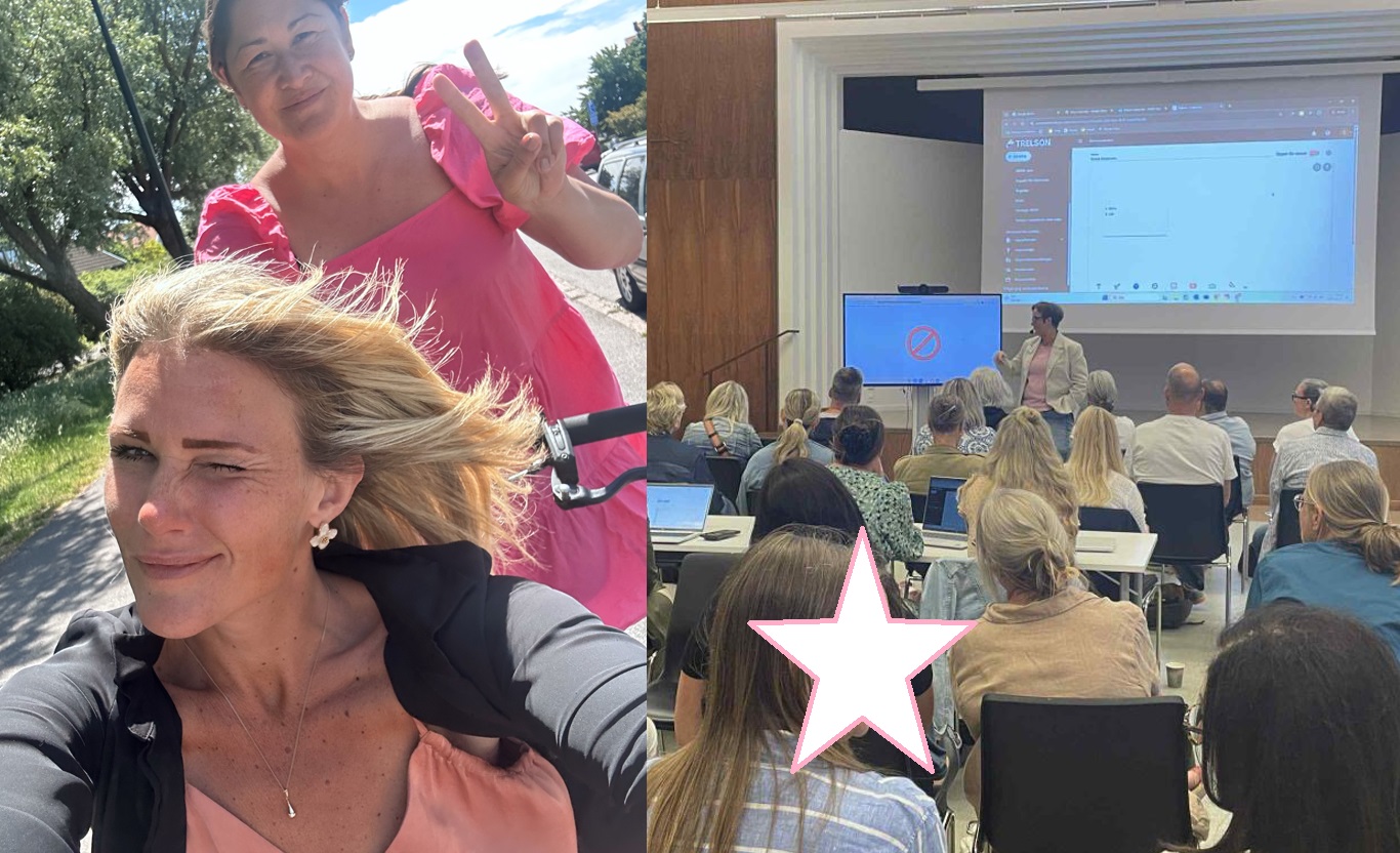 Desirée skjutsar Kristin i en lådcykel. Sara Bruun föreläser framför en projicerad presentation.