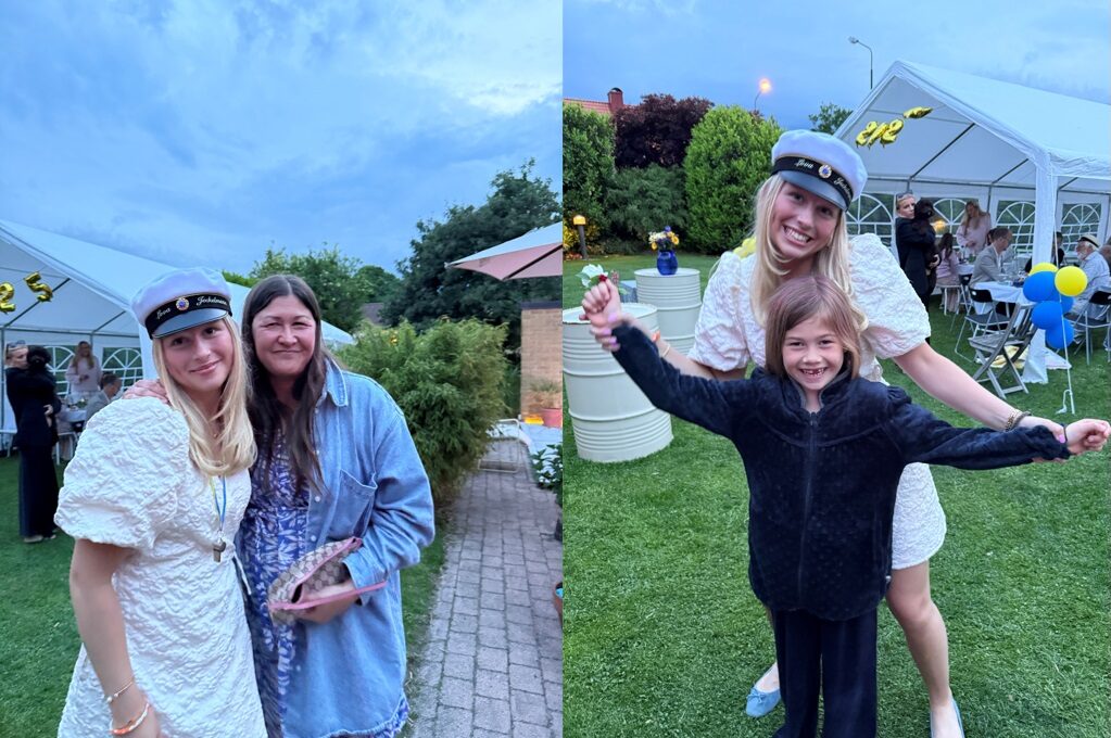 Desirées före detta elever tar studenten och poserar för kameran i en trädgård.