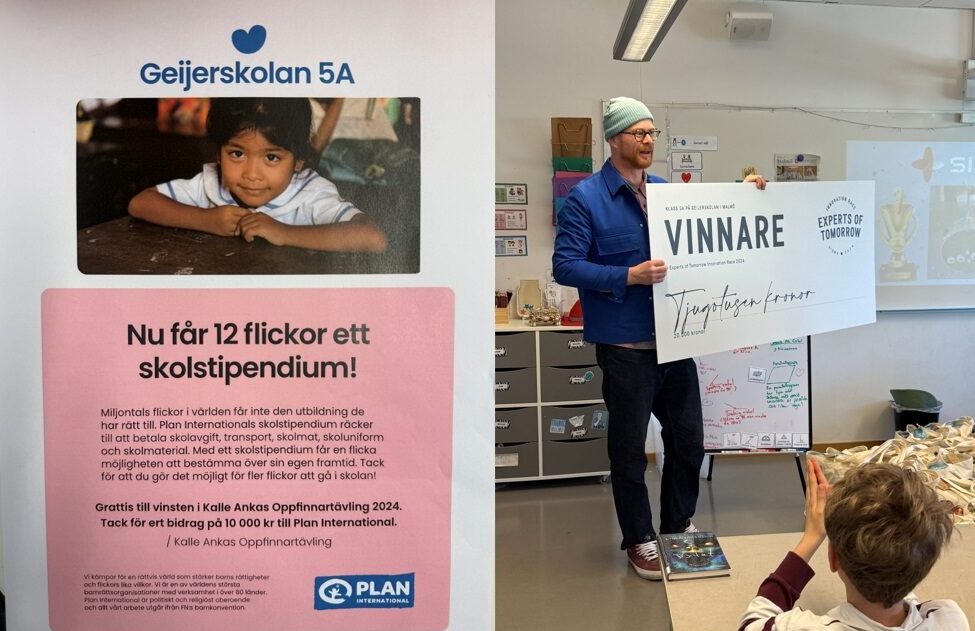 Ett gåvobevis till klass 5A på Geijerskolan och en man som lämnar över en check på 20 000 kronor.