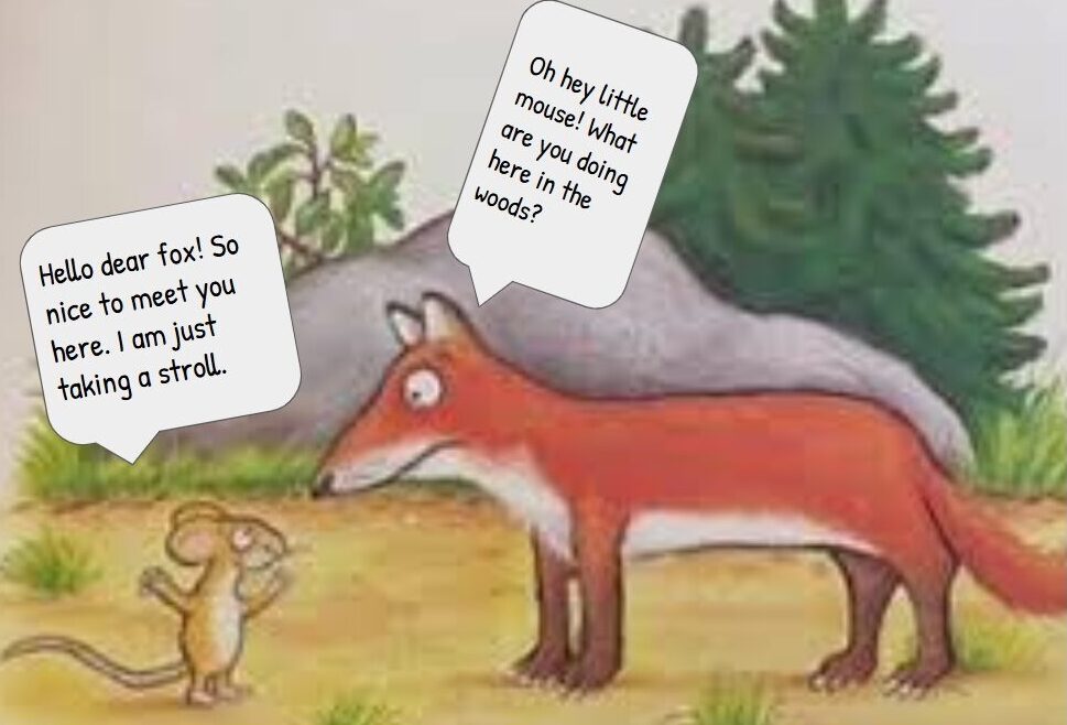 En tecknad mus pratar med en räv, kompletterad med en elevs pratbubblor.