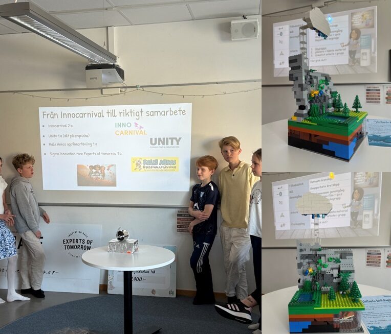 En grupp elever står vid en projicerad presentation om sitt innovationsarbete.