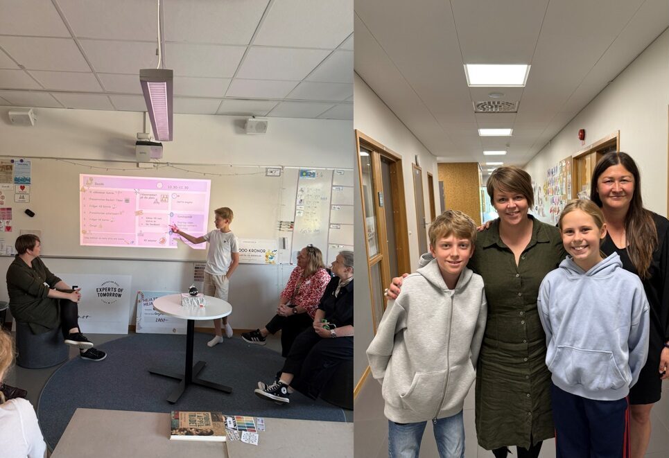 Elev visar lektionsplanering för besökare. Katrin, initiativtagarna och Desirée.