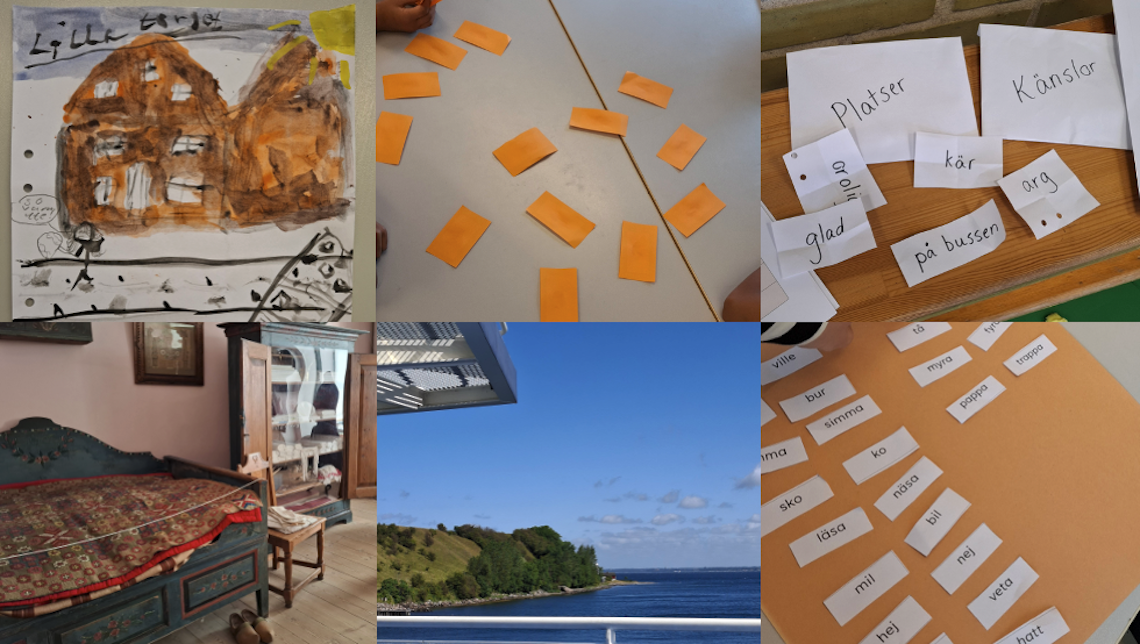 Collage med bilder från skolans sommarutflykter och bilder på språkträning i klassrummet, där ord och begrepp står skrivna på papperslappar.