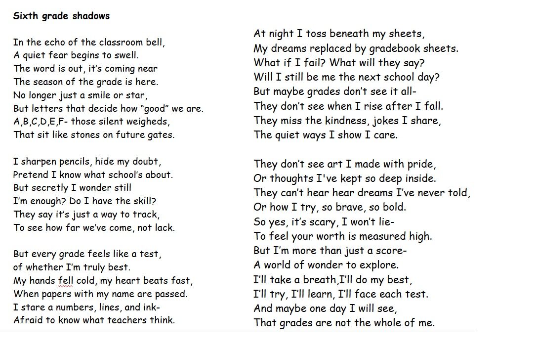 En elev har skrivit en dikt på engelska som beskriver förväntan och våndan inför att få betyg i skolan för första gången.
