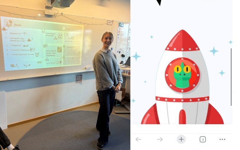 Tvådelad bild: till vänster person står framför projektorbild med text och ikoner, till höger tecknad röd raket med grön figur i fönstret.