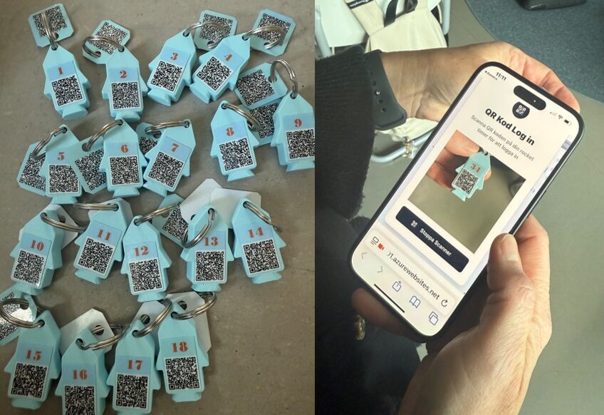 Tvådelad bild: till vänster flera blå nyckelbrickor med QR-koder och nummer, till höger en mobilskärm som visar inloggning via QR-kod.