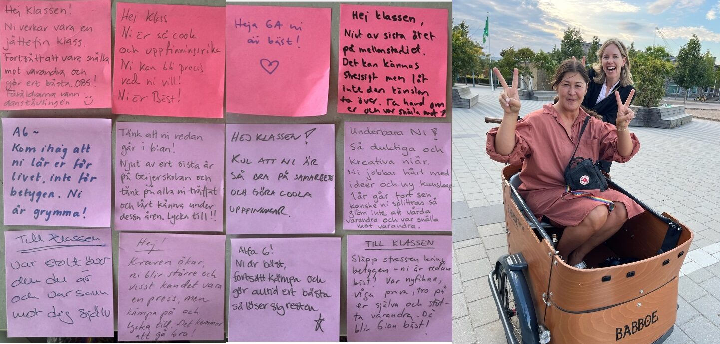 Postit-lappar med handskrivna hälsningar till eleverna i klass 6A. 'Kom ihåg att ni lär er för livet, inte för betygen. Ni är grymma!' står det på en.