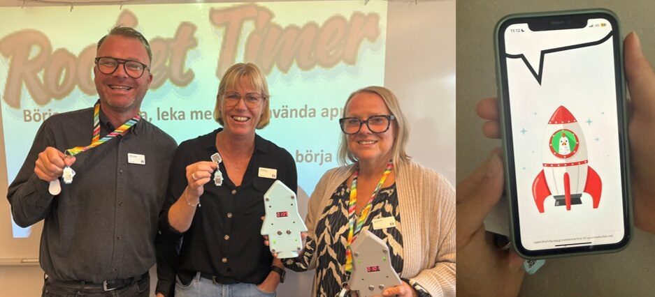 Tvådelad bild: till vänster tre personer håller upp nyckelbrickor och raketformade föremål framför en projektorbild med texten ”Rocket Timer”, till höger en mobilskärm visar en tecknad röd raket med grön figur.