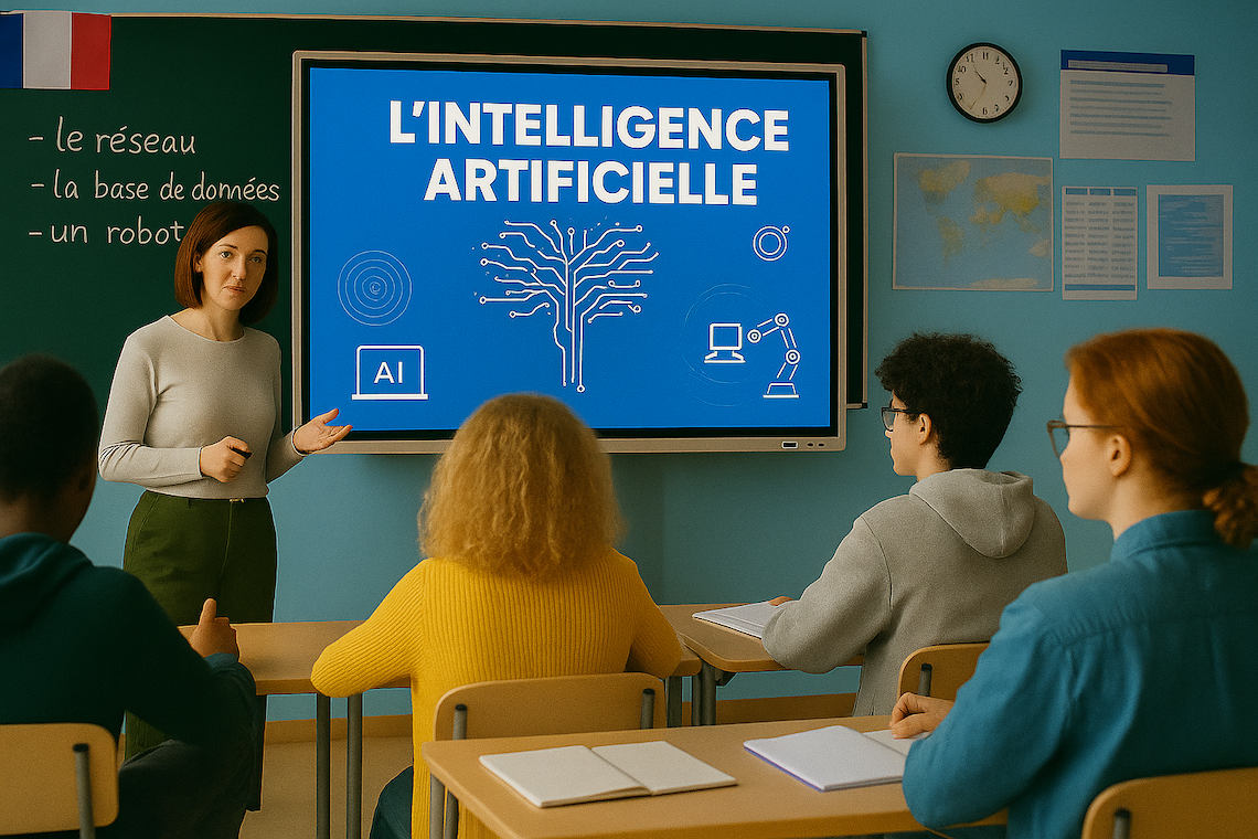 AI-genererad bild som visar en lärare som undervisar elever i franska.