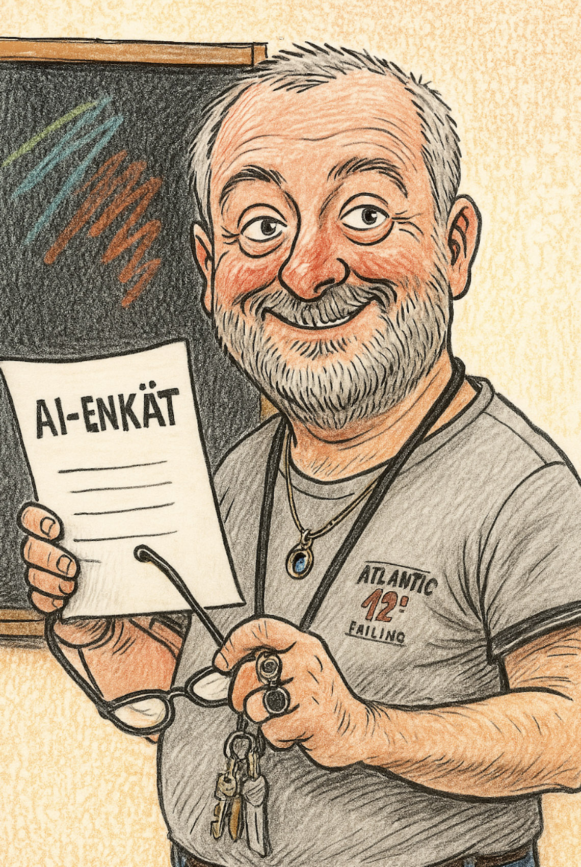 AI-illustration som visar hur Ljubomir Devic håller i en lapp där det står 'AI-enkät'.