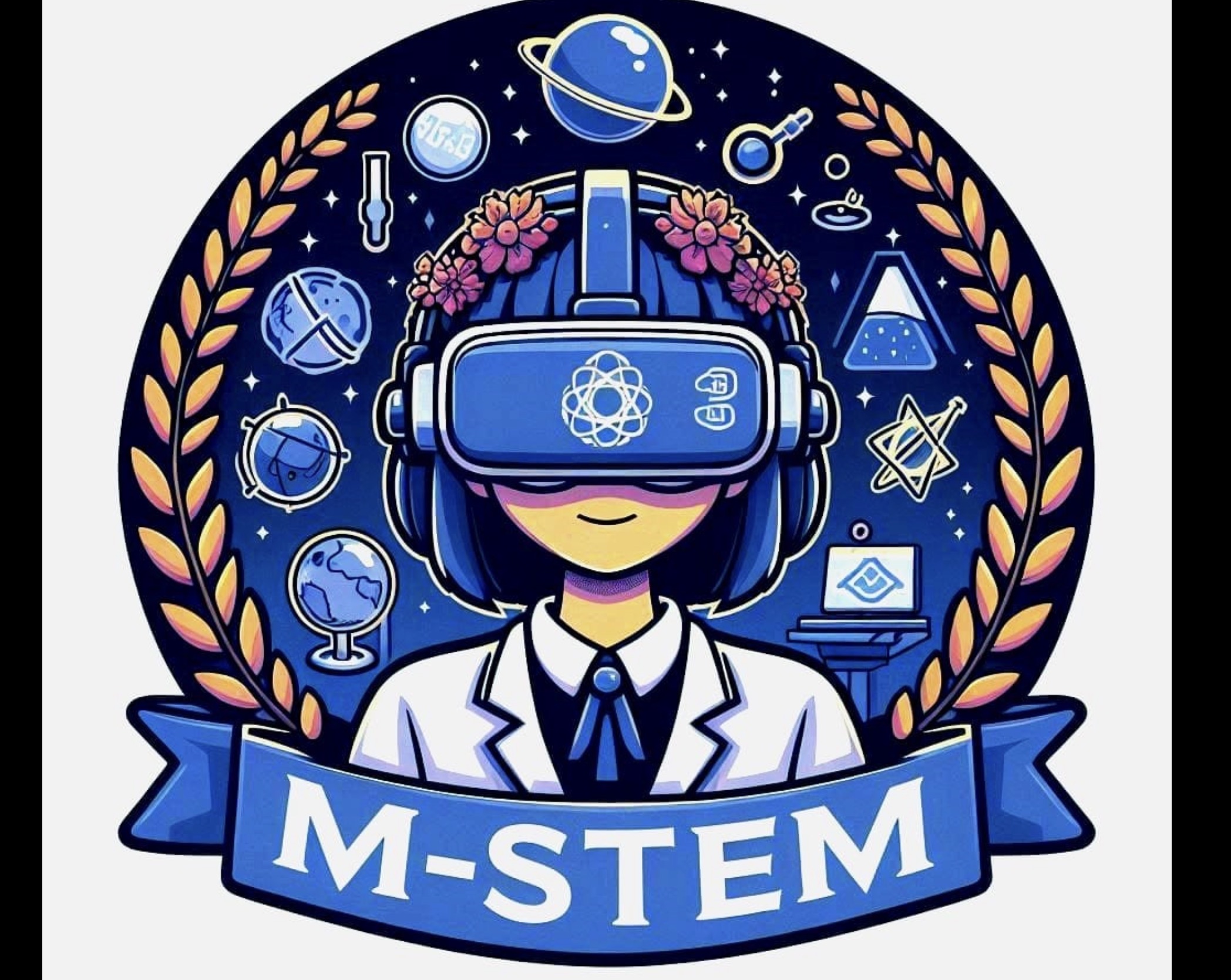 Illustration där en person tittar i VR-glasögon, omgärdad av texten 'M-stem'.