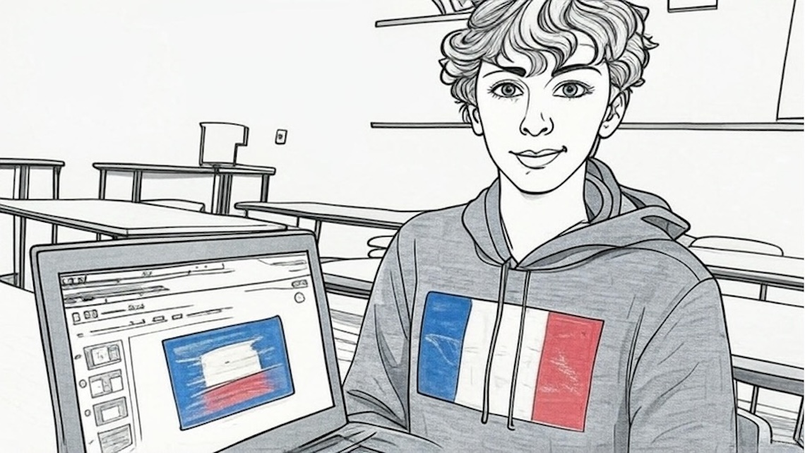 AI-genererat illustrerat porträtt på Izzet Izetov, där han har en hoodie med en fransk flagga på.