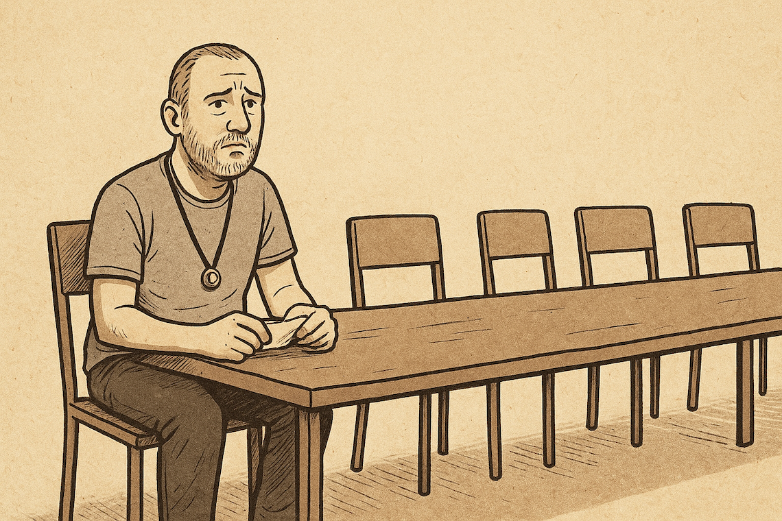 Illustrerad person sitter vid ett långt bord med flera tomma stolar, håller ett papper och bär en medalj runt halsen.