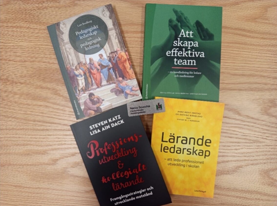 Exempel på böcker om ledarskap i skolan: 'Pedagogiskt ledarskap och pedagogisk ledning', 'Att skapa effektiva team', 'Professionsutveckling och kollegialt lärande' och 'Lärande ledarskap'.