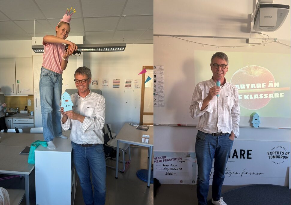 Tvådelad bild: till vänster person står på bord med krona medan en annan håller ett pappershus, till höger samma person äter glass framför projektorbild med texten ”Smartare än en 6:e klassare”.