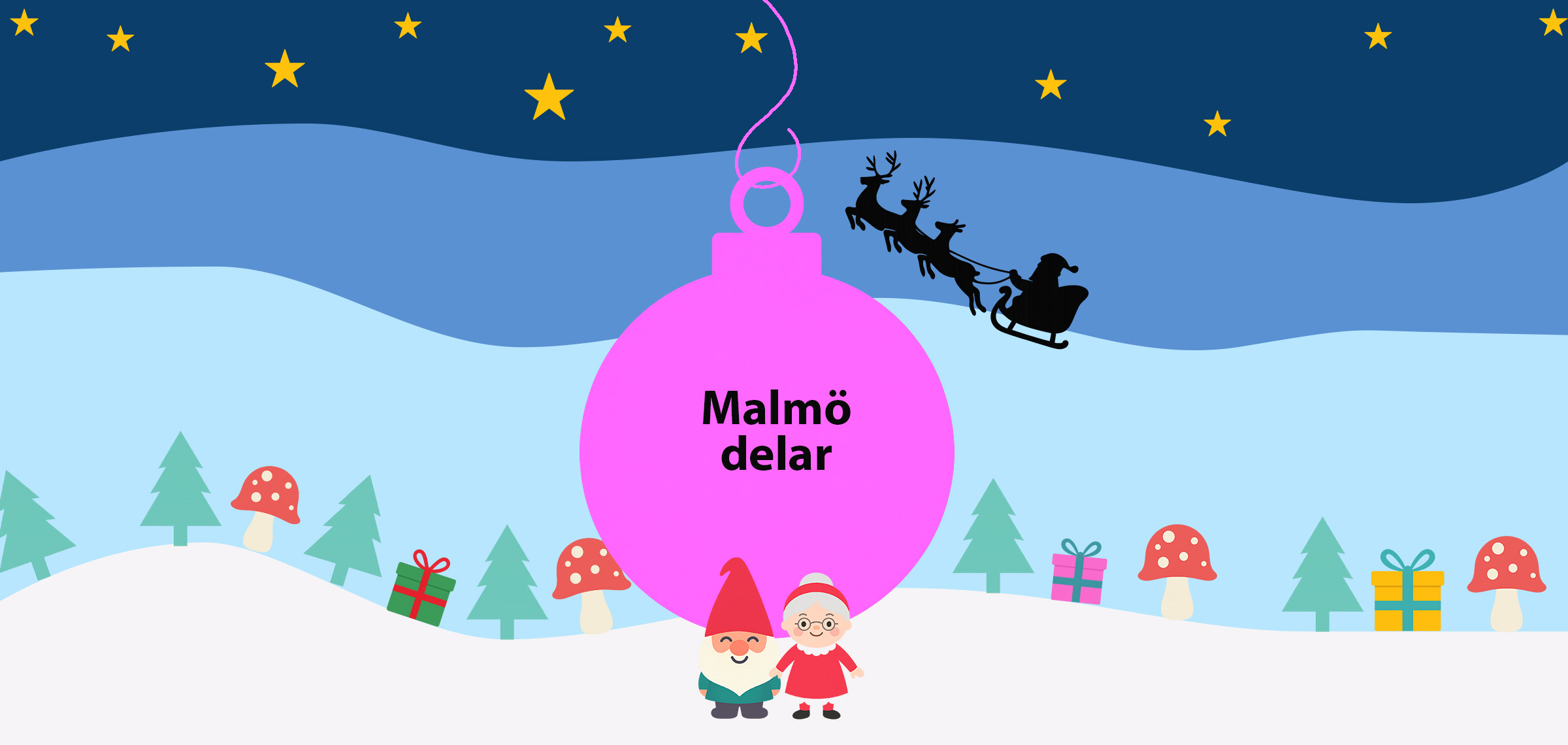 Julillustration med rosa julkula med texten Malmö delar, tomtar, granar och stjärnhimmel.