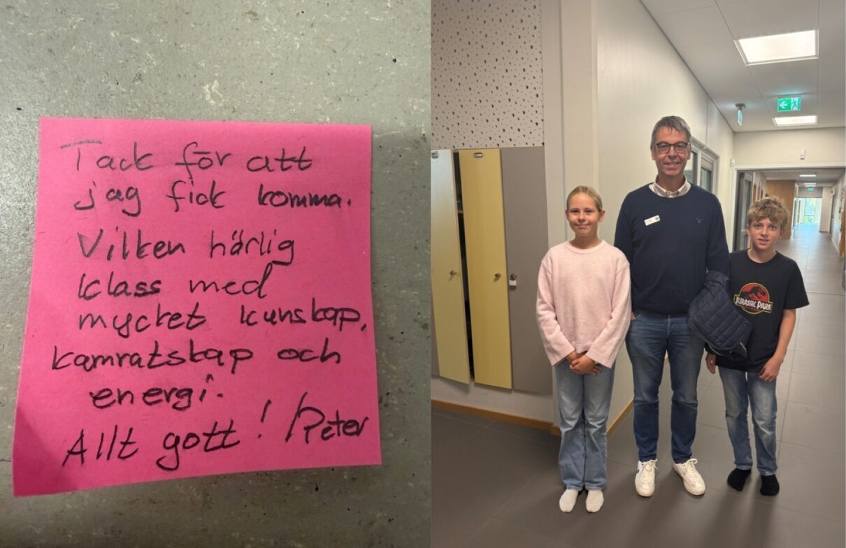 En rosa post-it-lapp med handskriven text som tackar för besöket och berömmer klassen för kunskap, kamratskap och energi. Bredvid syns en skolmiljö med ljusa korridorer där tre personer står tillsammans, en vuxen med namnskylt mellan två yngre personer, alla klädda i vardagskläder.