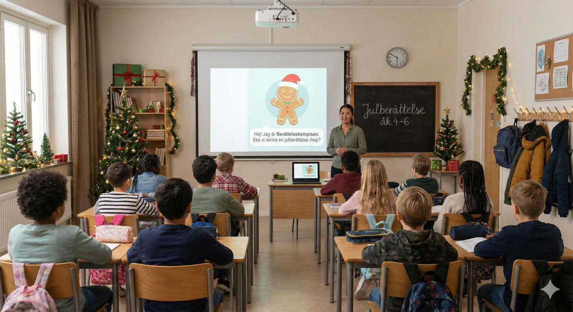 Ett klassrum där läraren använder en Gem via projektorn för att skriva en julberättelse tillsammans med eleverna