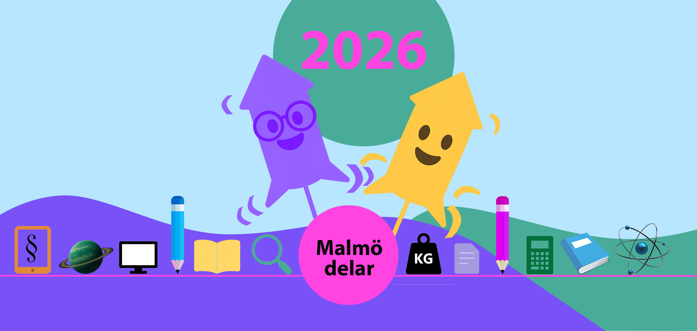 Illustration med två färgglada pilar med ansikten och armar, en lila med glasögon och en gul, som hoppar bredvid texten 2026 och Malmö delar. Längst ner syns ikoner för teknik, böcker, atommodell, dator, kalkylator och juridik.