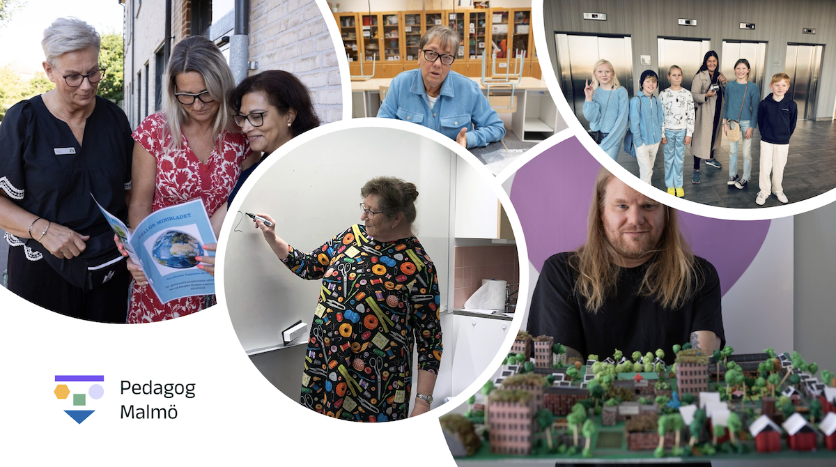 Collage med olika pedagogiska miljöer: personer som diskuterar en bok utomhus, en person som skriver vid ett bord, en grupp elever i skolmiljö, en person som undervisar vid en whiteboard och en modell av en stad. Pedagog Malmö-logotypen syns längst ner.