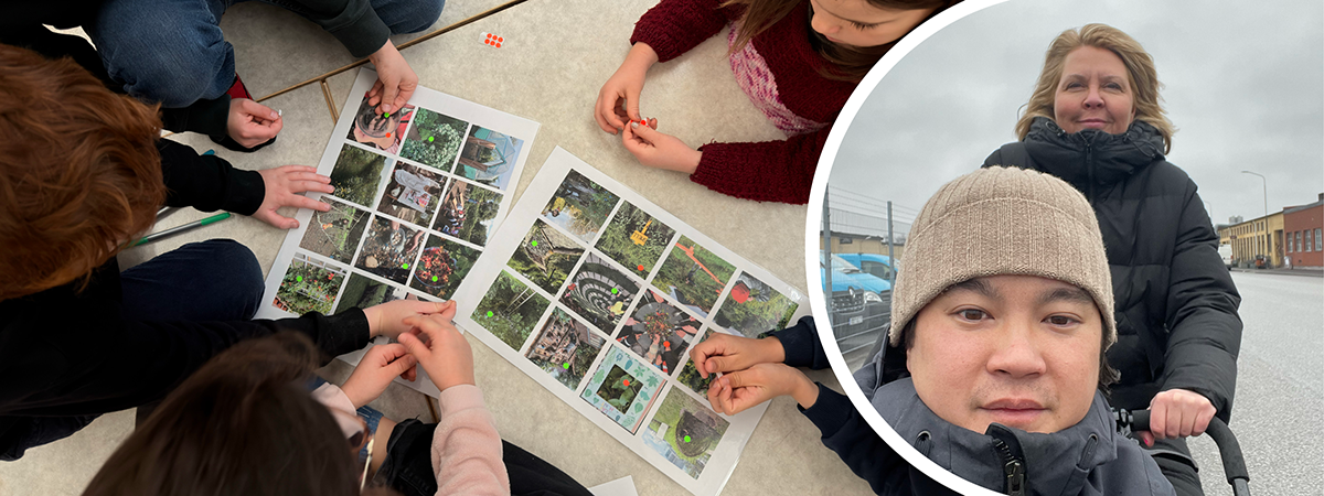 Till vänster: Grupp med elever som diskuterar och sätter ut prickar på skolgårdsexempel de tycker är bra respektive dåliga. Till höger: Proträttbild av skribenterna Jenny och Anton.