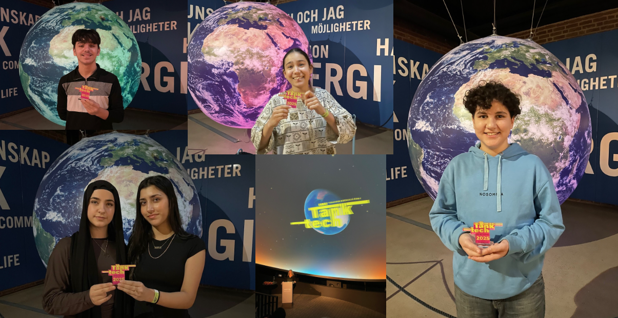 Collage från teknik- och innovationsmässa med stora jordglober i bakgrunden och deltagare som håller färgglada Tänk Tech 2025-utmärkelser. Centralt syns en projektion med Tänk Tech-logotypen i ett planetarium.