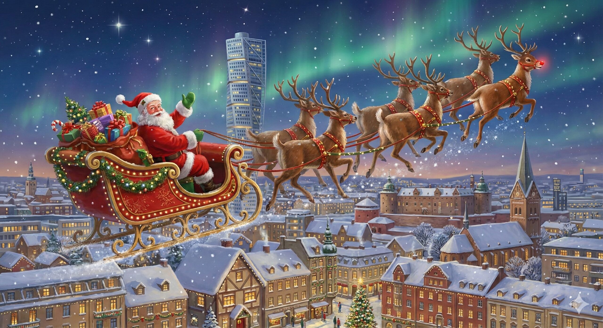 Tomten i röd dräkt flyger över ett snötäckt Malmö i en juldekorerad släde dragen av renar, med Turning Torso och norrsken i bakgrunden. Julklappar syns i släden, stämningsfull vinterkväll med gnistrande snö och upplysta hus.