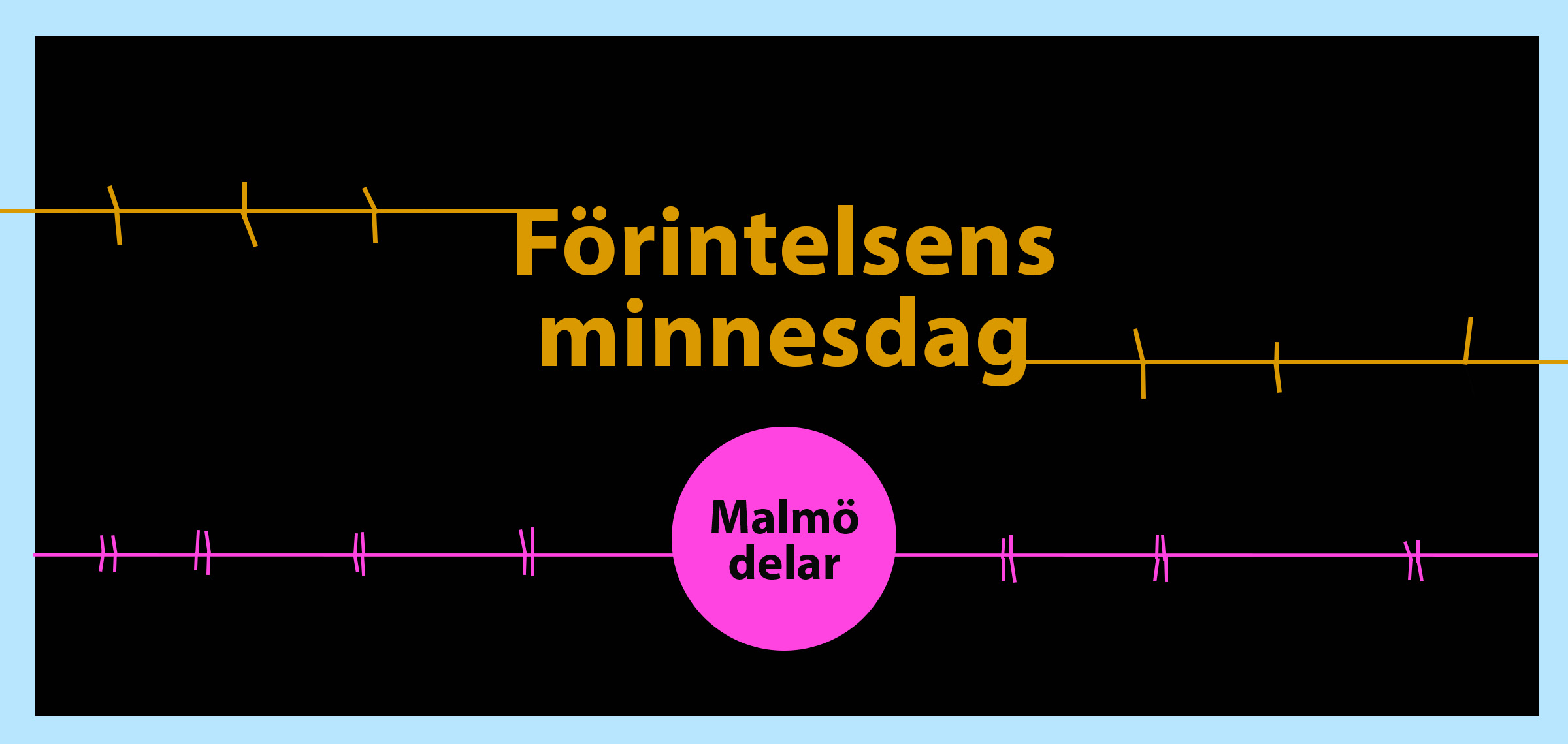 Grafisk bild med texten Förintelsens minnesdag, Malmö delar‑symbol och stiliserad taggtråd mot svart bakgrund.