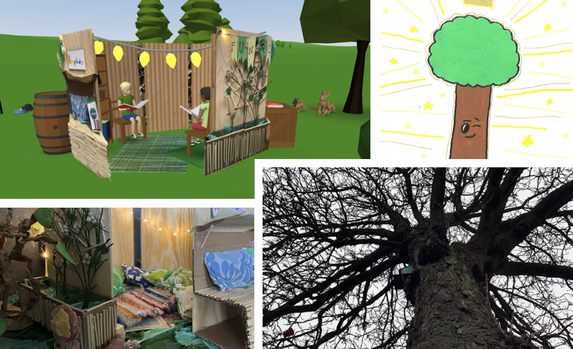 Kollage som visar elevers hållbarhetsprojekt: digital 3D‑modell av en utomhuslärmiljö, handritad illustration av ett träd, elevskapad miniatyrmiljö i kartong och ett fotografi av ett stort träd utomhus – material som används i undervisning om natur, kreativitet och hållbar utveckling.