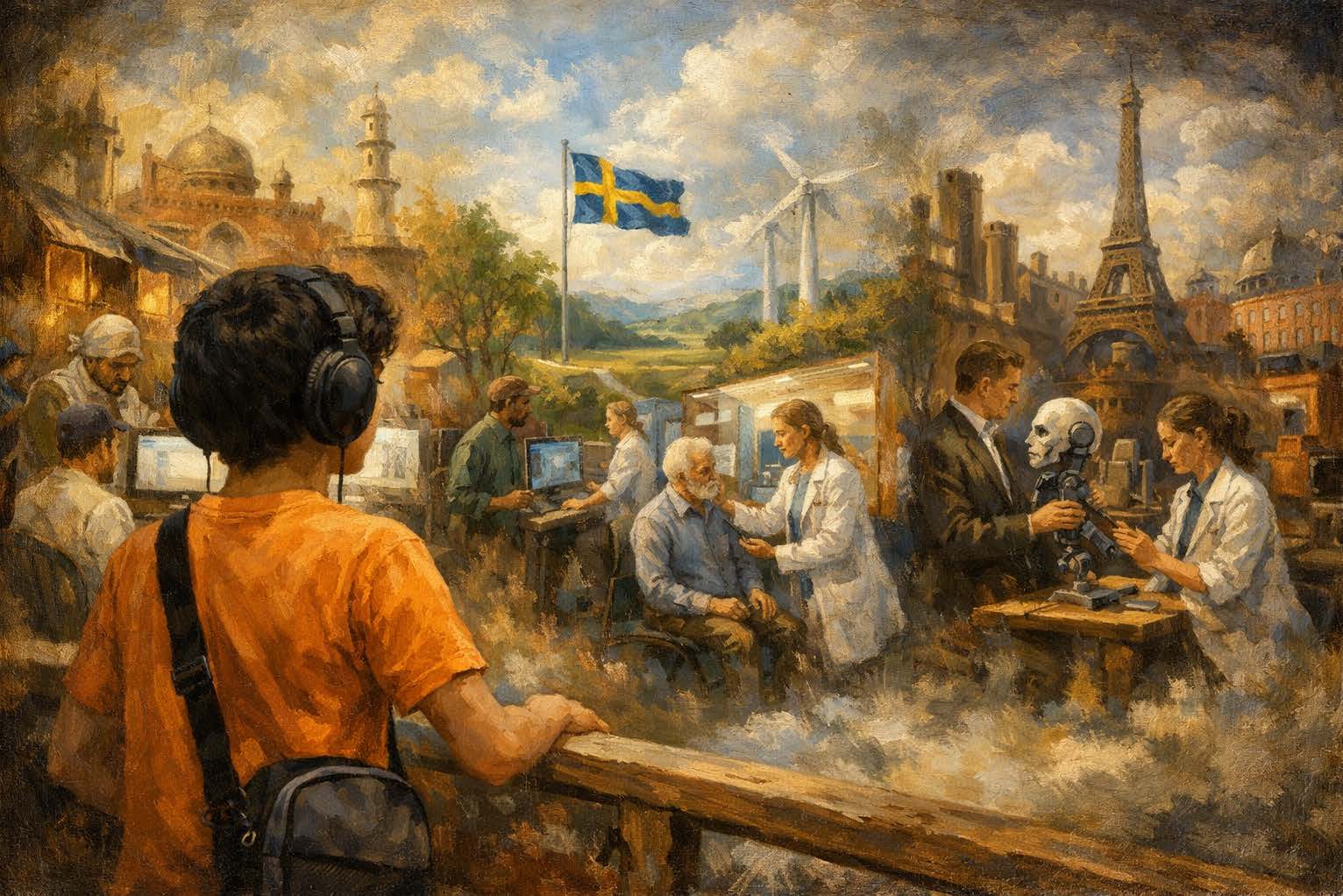 Illustration i målerisk stil där en person med hörlurar ser ut över en scen fylld av teknik, forskning och globala miljöer. Framför syns människor som arbetar vid datorer, genomför medicinska undersökningar och studerar en robot. I bakgrunden står svenska flaggan, vindkraftverk, kända byggnader och ett landskap som förenar olika delar av världen.