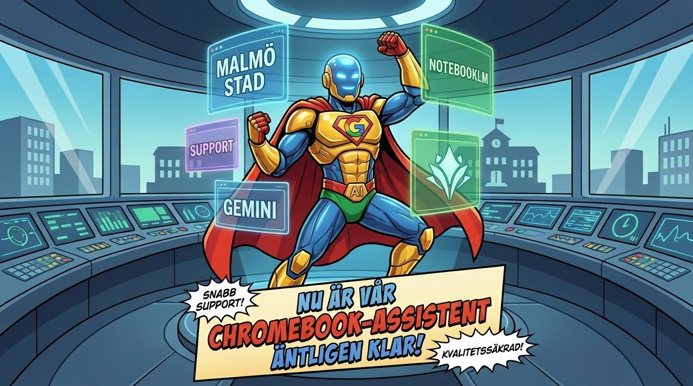 Illustration av en superhjälte med cape i ett futuristiskt kontrollrum, omgiven av hologram med orden “Malmö stad”, “Support”, “Gemini” och “Notebooklm”. En banner längst ner presenterar budskapet: “Nu är vår Chromebook‑assistent äntligen klar!”