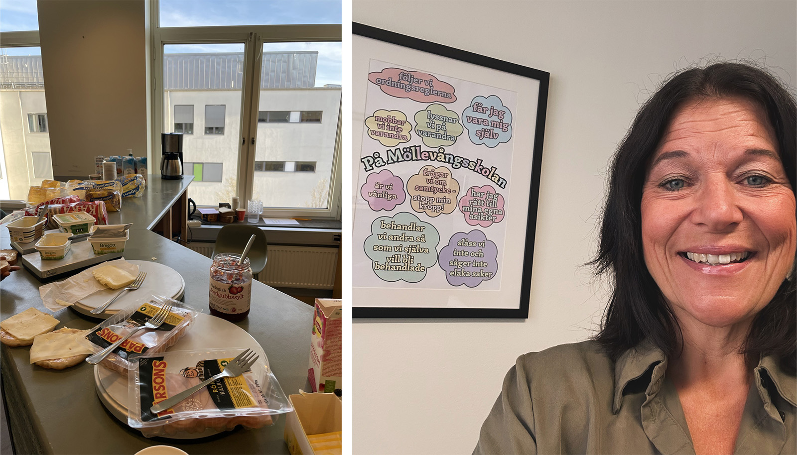Till vänster ett uppdukat frukost- eller fikabord med bröd, pålägg, yoghurt och drycker i ett personalrum. Till höger en person framför en vägg där en tavla med Möllevångsskolans värdegrund hänger.