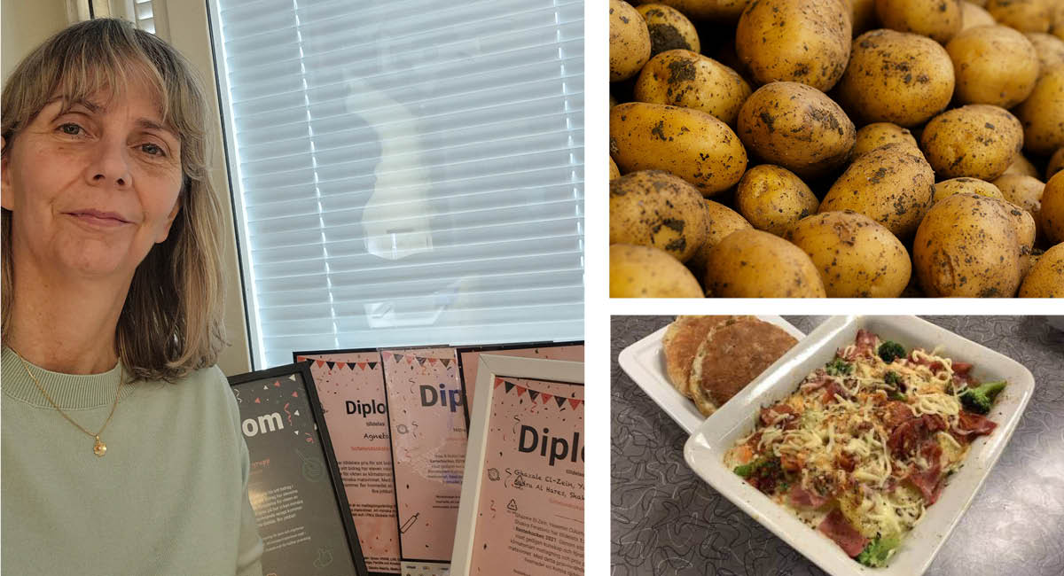 Kollage med en person bredvid flera diplom, samt närbilder på potatis och en serverad maträtt.
