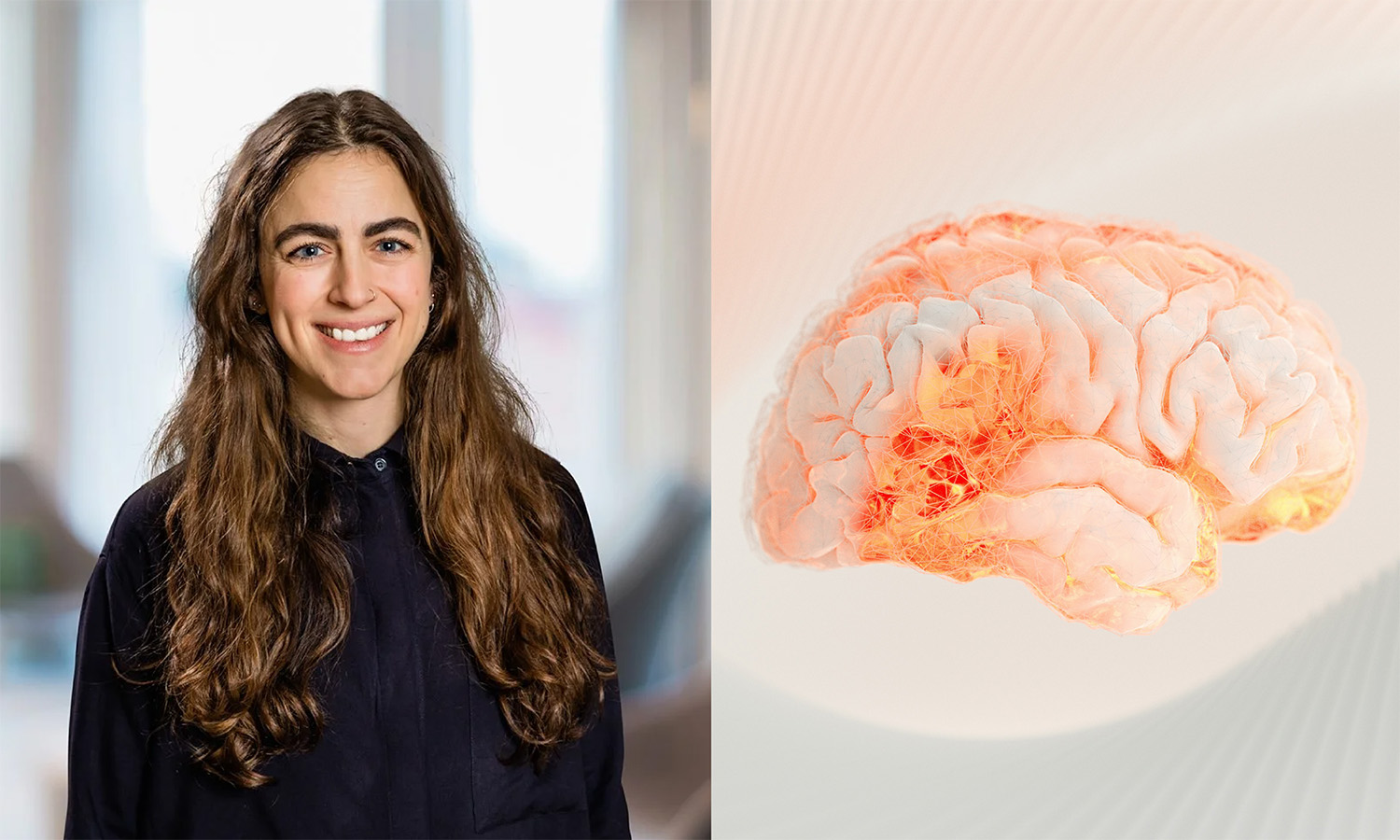 Delad bild där en person med långt vågigt hår står inomhus mot en ljus bakgrund, bredvid en medicinsk illustration av en hjärna i rosa och orange toner.