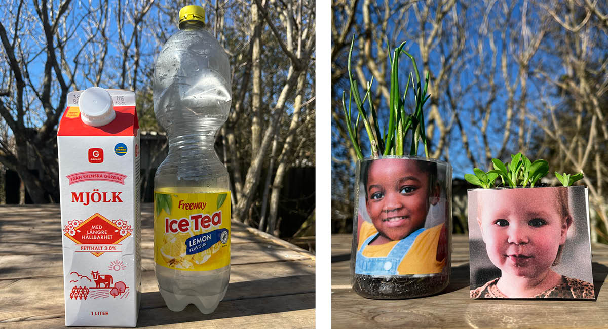 Kollage med mjölkkartong och plastflaska på ett bord utomhus samt två planteringar i återbrukade behållare dekorerade med barnporträtt.