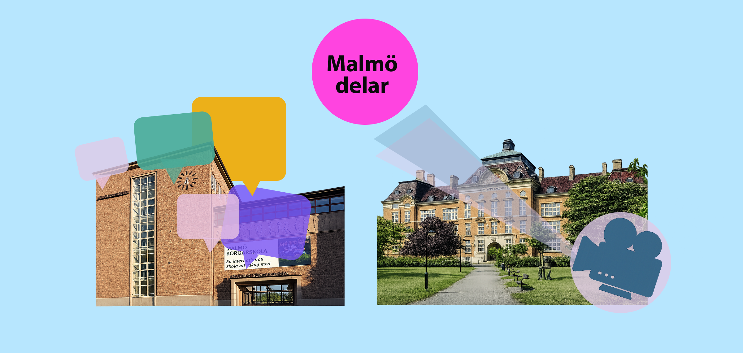 Grafisk illustration med Malmö delar‑logotyp, två skolbyggnader och färgade pratbubblor och ikoner.