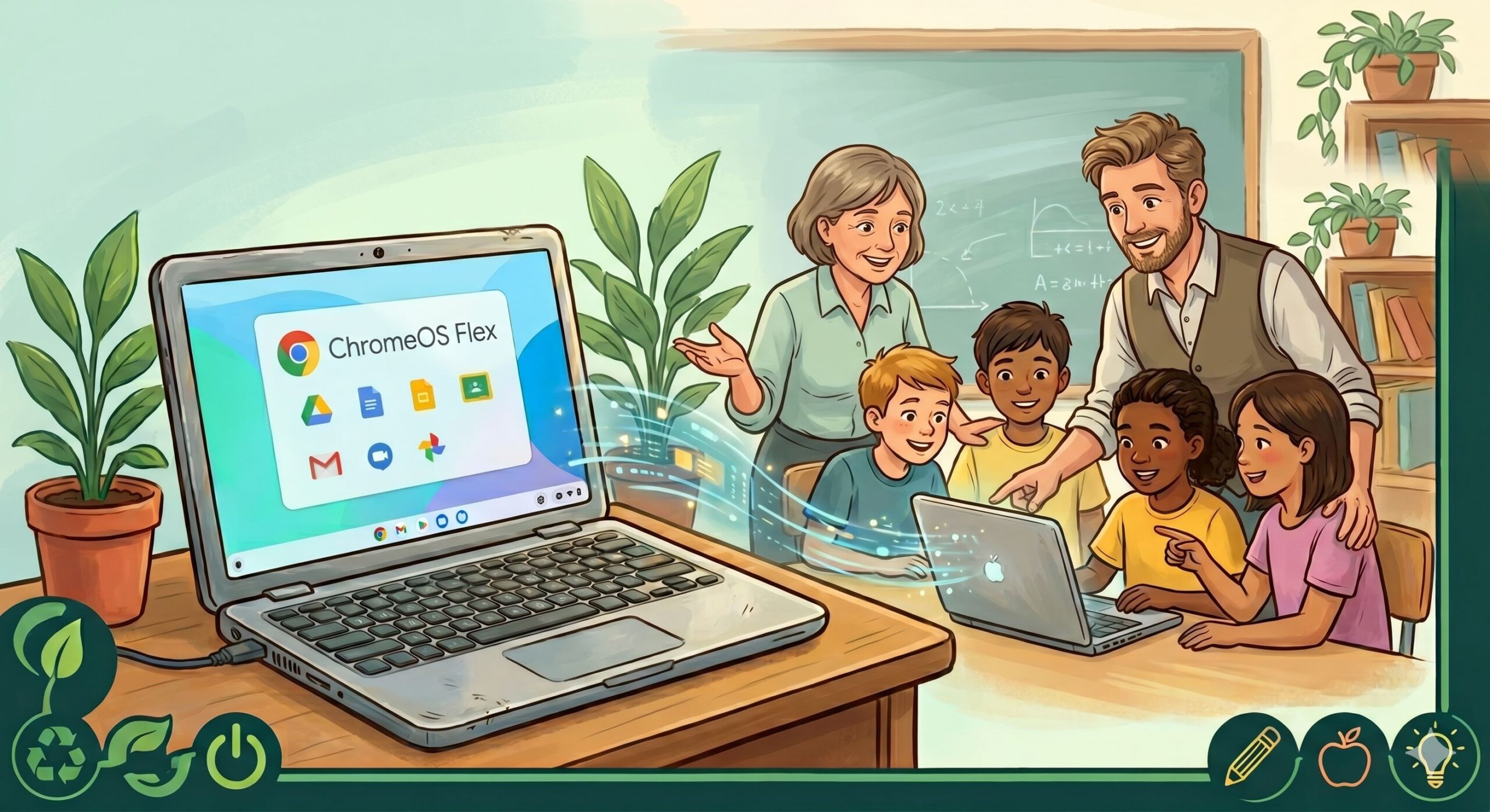 En äldre PC-dator med ChromeOS Flex står i klassrumemt