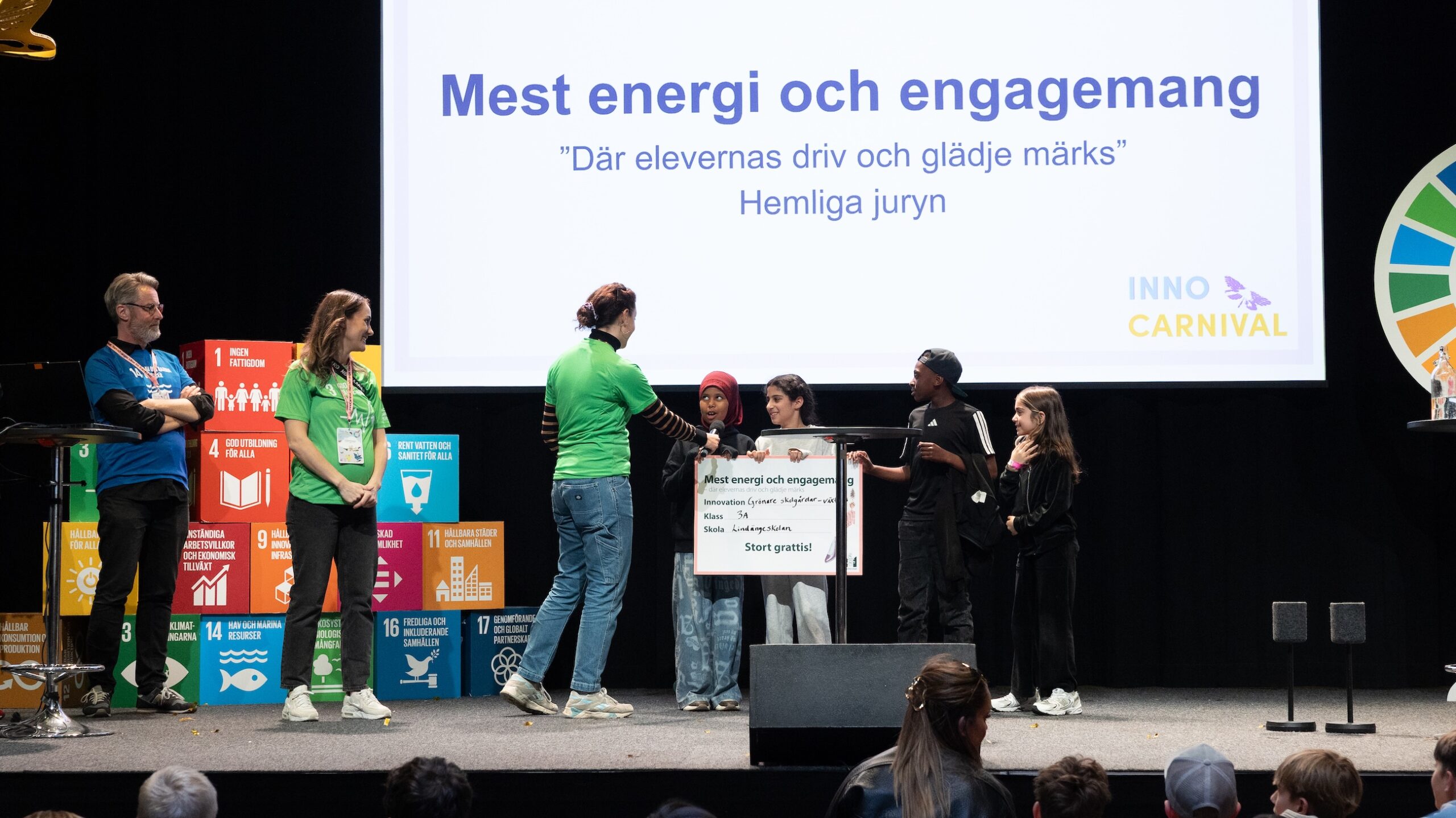 Grupp barn och vuxna på en scen där en skylt delas ut framför en stor skärm med texten Mest energi och engagemang och InnoCarnival.
