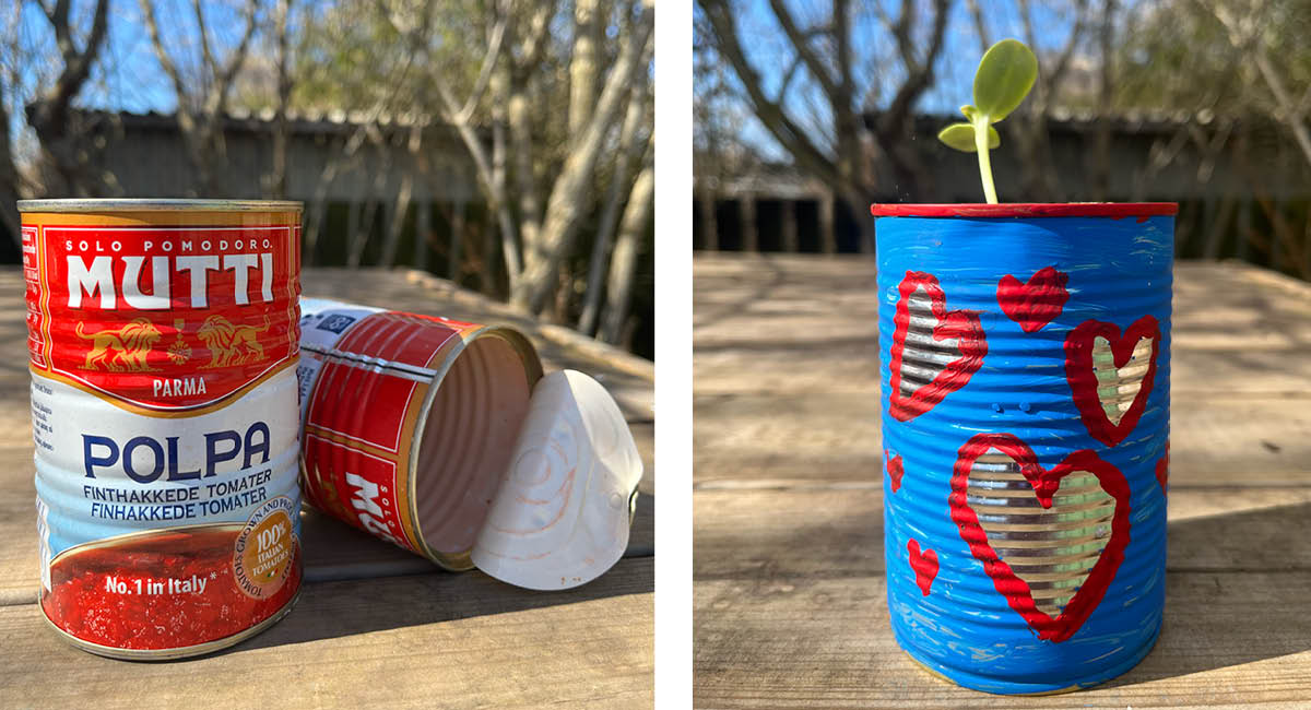 bildkollage: två konservburkar och sedan en målad konserv med en blomma i.