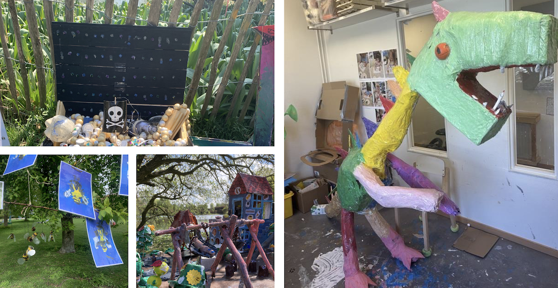 Kollage med skapande projekt, inklusive en skattkista utomhus, upphängda bilder i träd, en handgjord miniatyrmiljö och en färgstark fantasiskulptur i ett skapanderum.