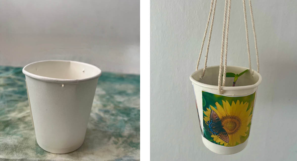 Kollage med en pappersmugg på ett bord och en liknande mugg upphängd med snören, dekorerad med en solrosbild.