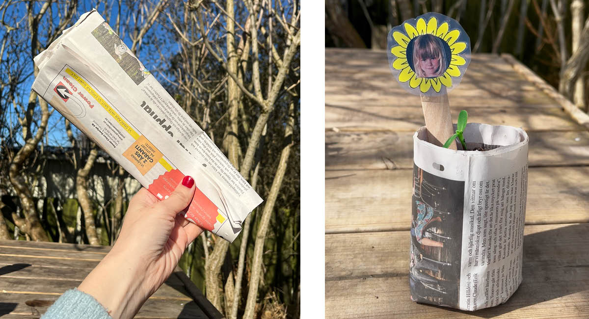 Kollage med en ihoprullad tidning som hålls i en hand samt en liten planta i en planteringskruka av tidningspapper med en blomformad skylt med ett barnfoto.