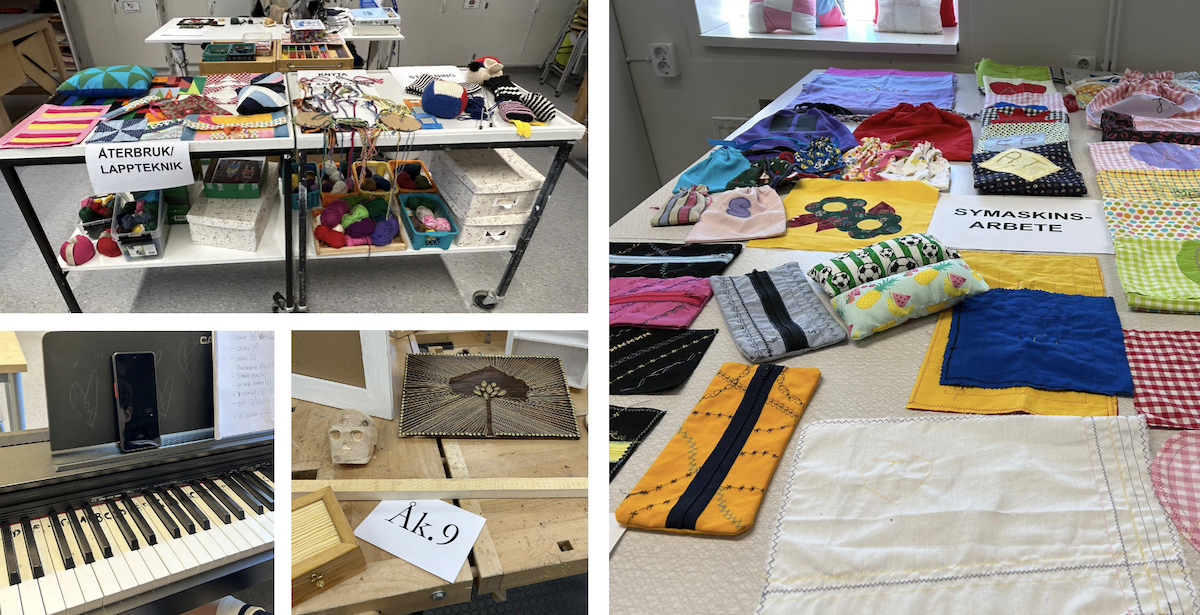 Kollage med elevarbeten i textil och återbruk samt musik- och slöjdprojekt utställda på bord med skyltar som Återbruk i lappteknik, Symaskinsarbete och Åk 9.