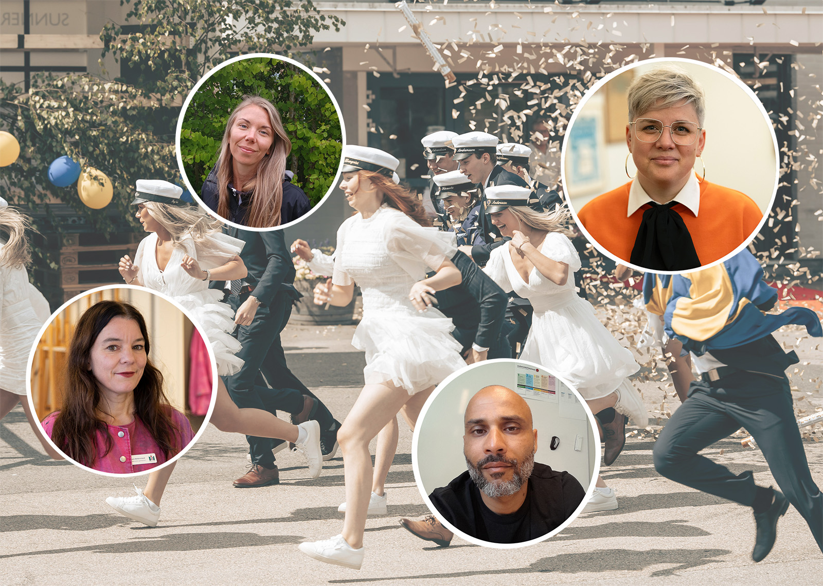 Kollage med personer i cirklar ovanpå en bild av studenter i vita kläder och mössor som springer genom konfetti utomhus.