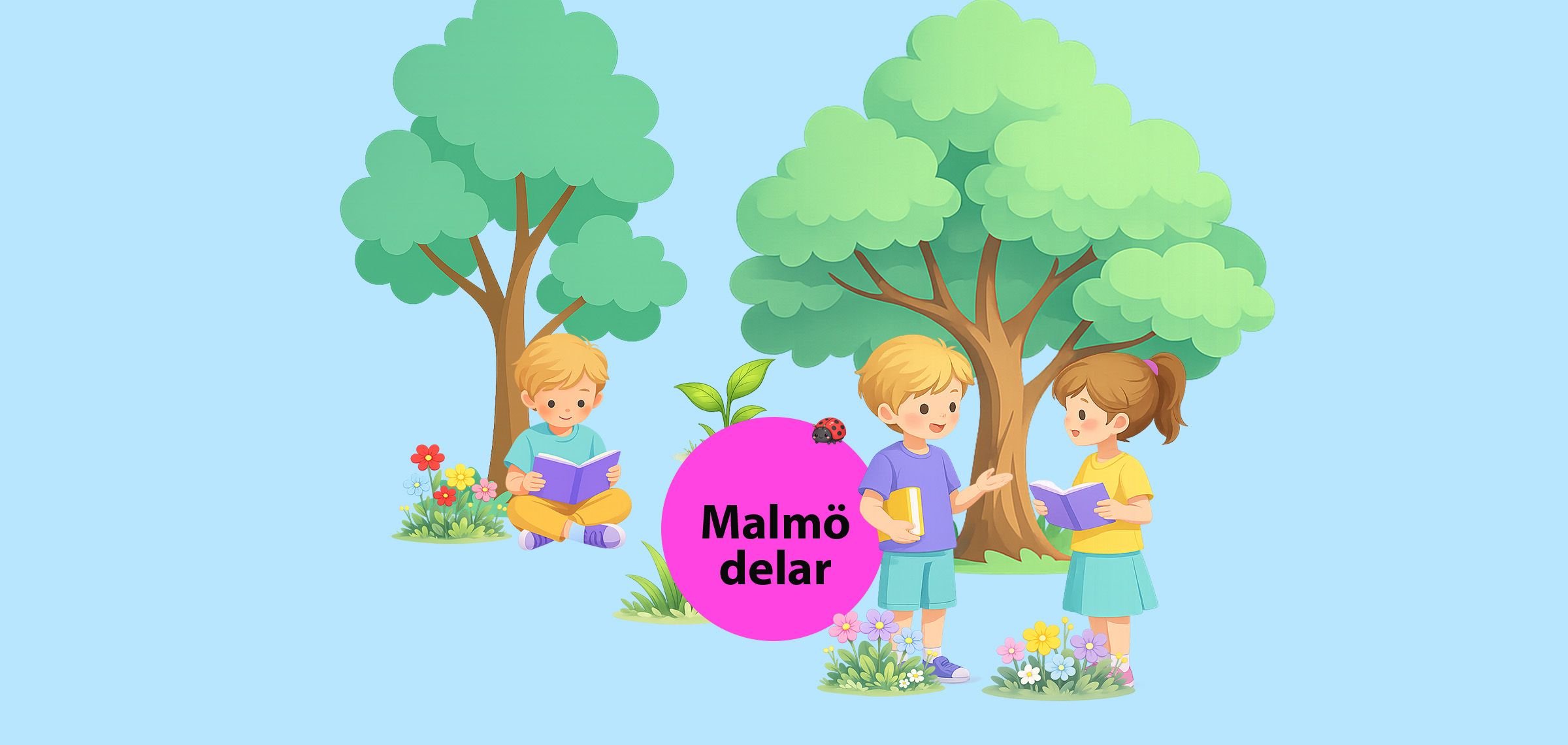 Illustration av barn som läser och samtalar under träd i en parkmiljö, med blommor och en cirkel med texten Malmö delar.