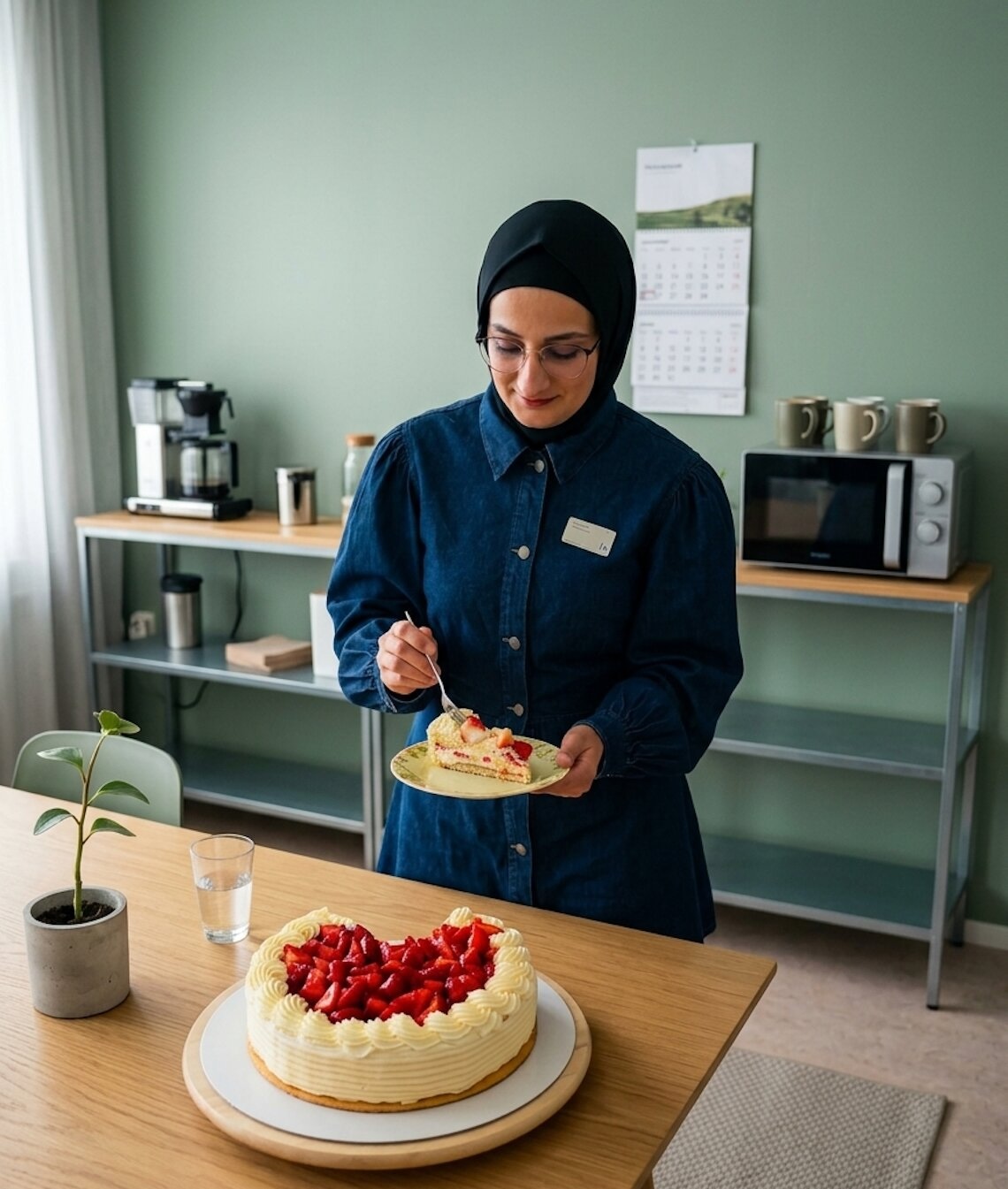 Person står vid ett bord och håller en tallrik med jordgubbstårta i ett kök med kaffebryggare, mikrovågsugn och grön vägg i bakgrunden.