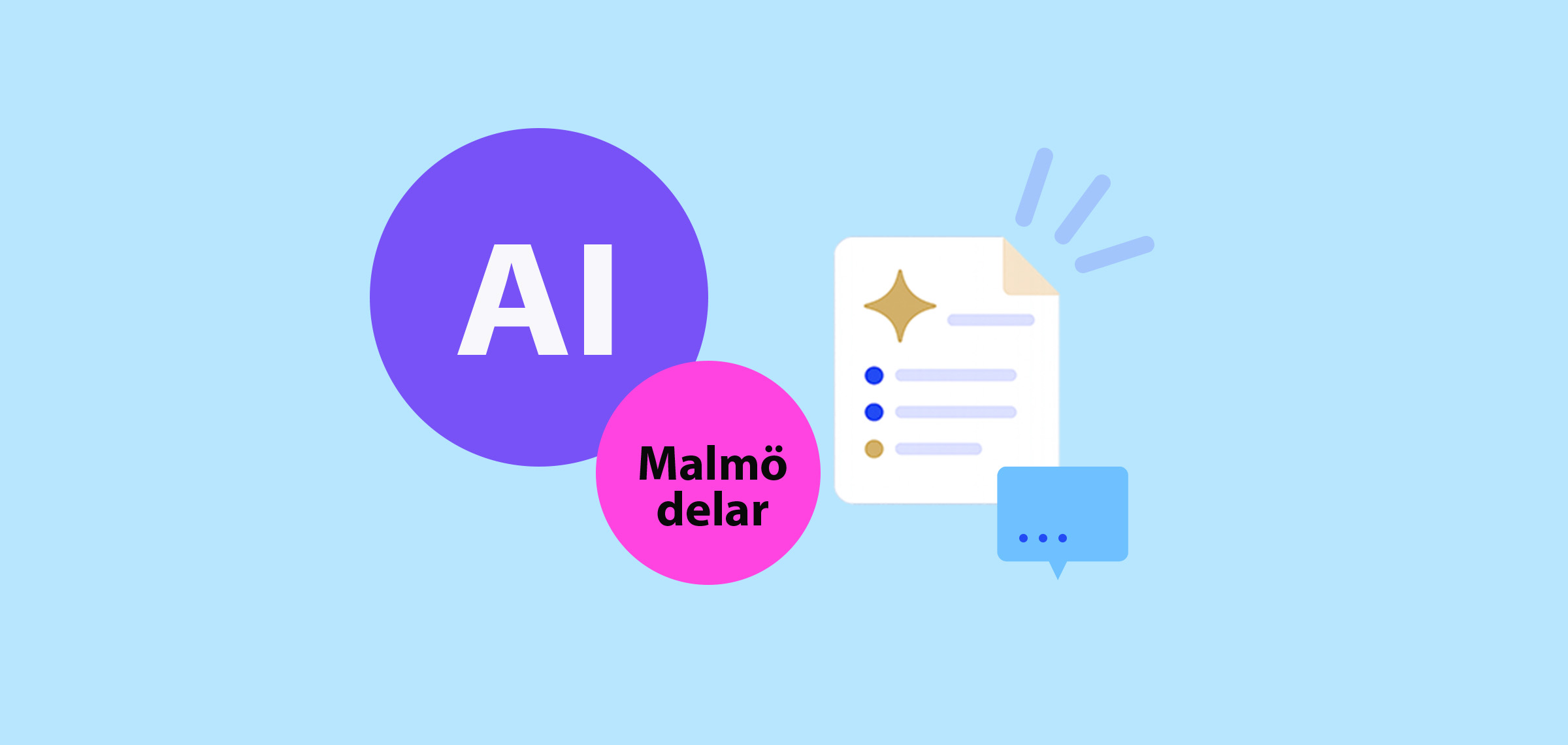 Illustration om AI i undervisningen med Malmö delar‑logotyp, AI‑symbol, dokumentikon och pratbubbla mot ljusblå bakgrund.